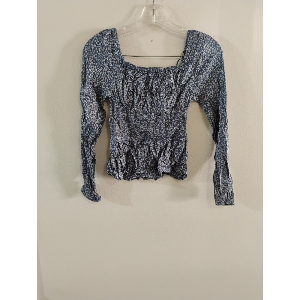 Japna Blue Floral Smocked Long Sleeve Square Neck Top XS NWT